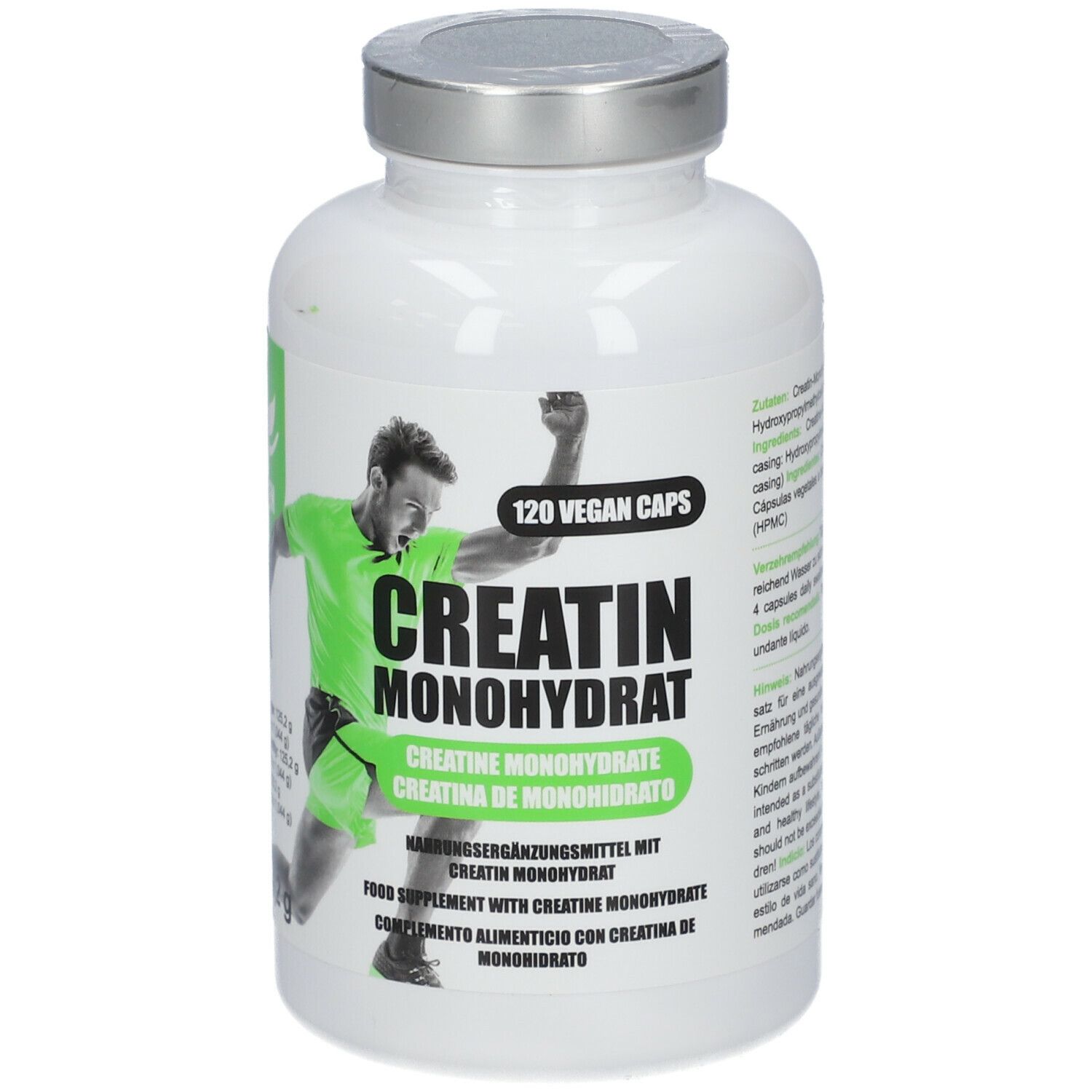 Weiße Flasche mit silbernem Deckel. Aufschrift: Creatin Monohydrat. 120 vegane Kapseln. Abbildung eines Sportlers.