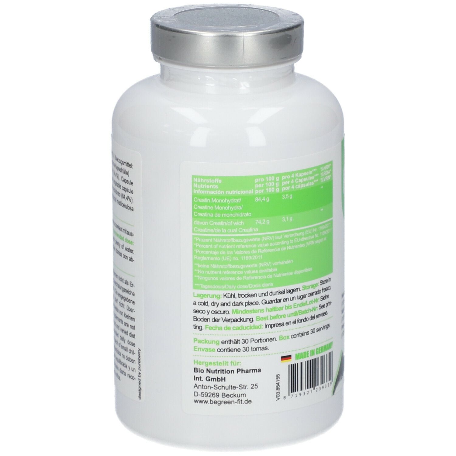 Rückseite einer weißen Flasche. Grün-weiße Etikett mit Nährwertangaben und Inhaltsstoffen. Text in Deutsch, Spanisch und Englisch.