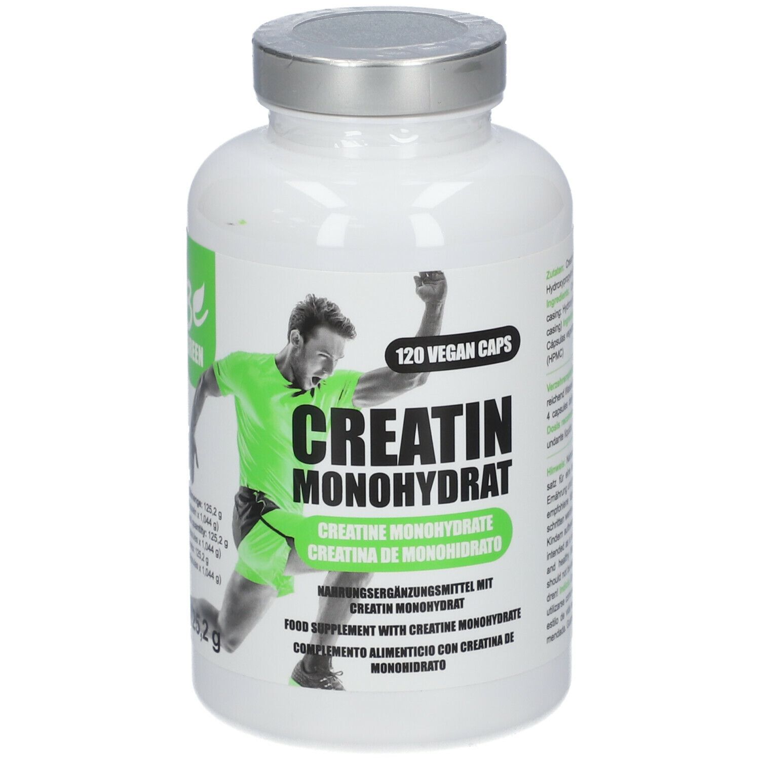 Weiße Flasche mit silbernem Deckel. Aufschrift: Creatin Monohydrat. 120 vegane Kapseln. Abbildung eines Sportlers.