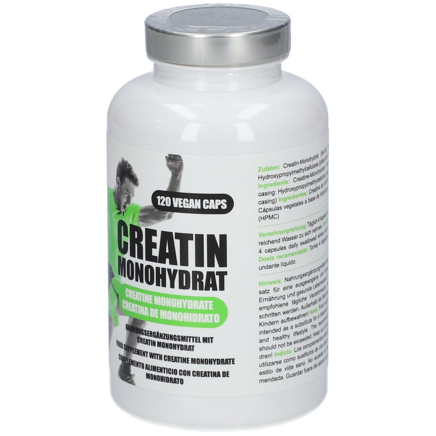 Weiße Flasche mit silbernem Deckel. Aufschrift: Creatin Monohydrat. 120 vegane Kapseln. Abbildung eines Sportlers.