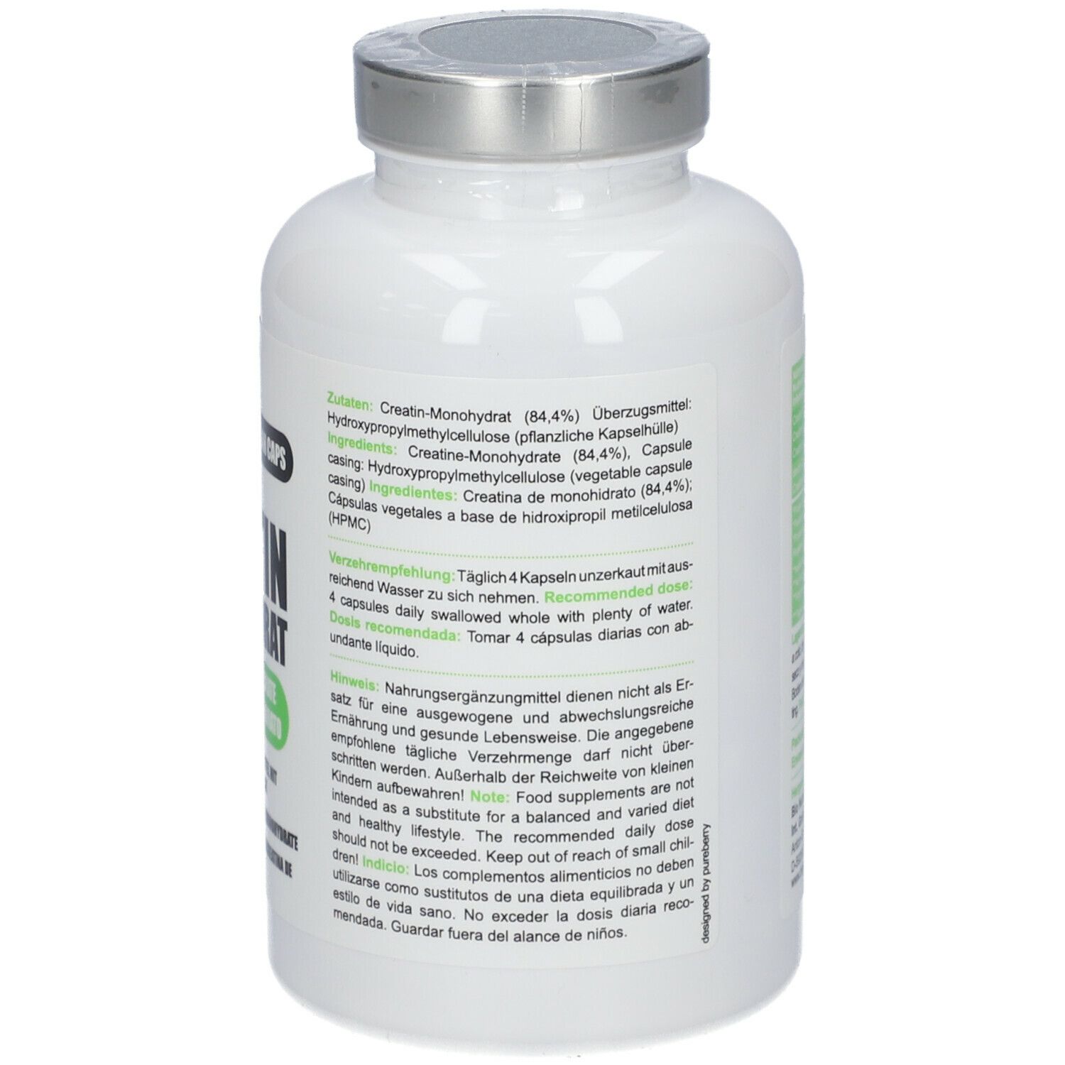 Rückseite einer weißen Flasche. Grün-weißes Etikett mit Inhaltsstoffen und Anwendungshinweisen. Text in mehreren Sprachen.