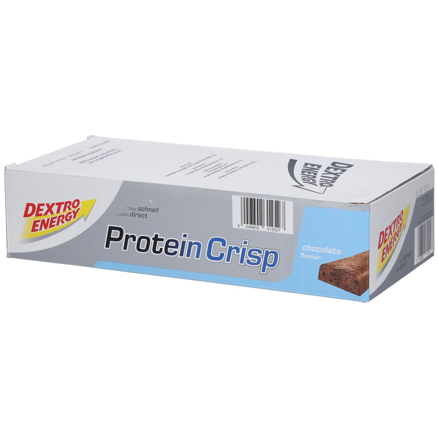 Karton mit Dextro Energy Protein Crisp, Schokolade. Blaue und weiße Verpackung mit Produktnamen und Barcode.