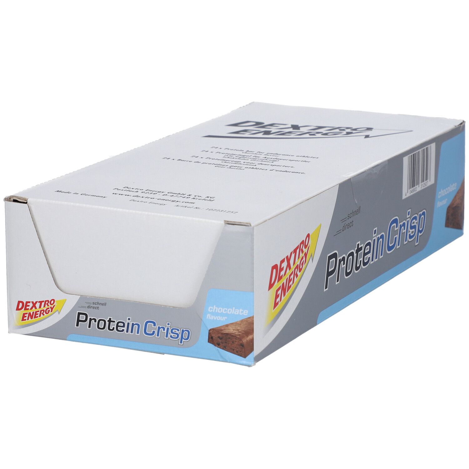 Karton mit Dextro Energy Protein Crisp, Schokolade. Verpackung mit Produktnamen und Barcode. Ansicht von oben.