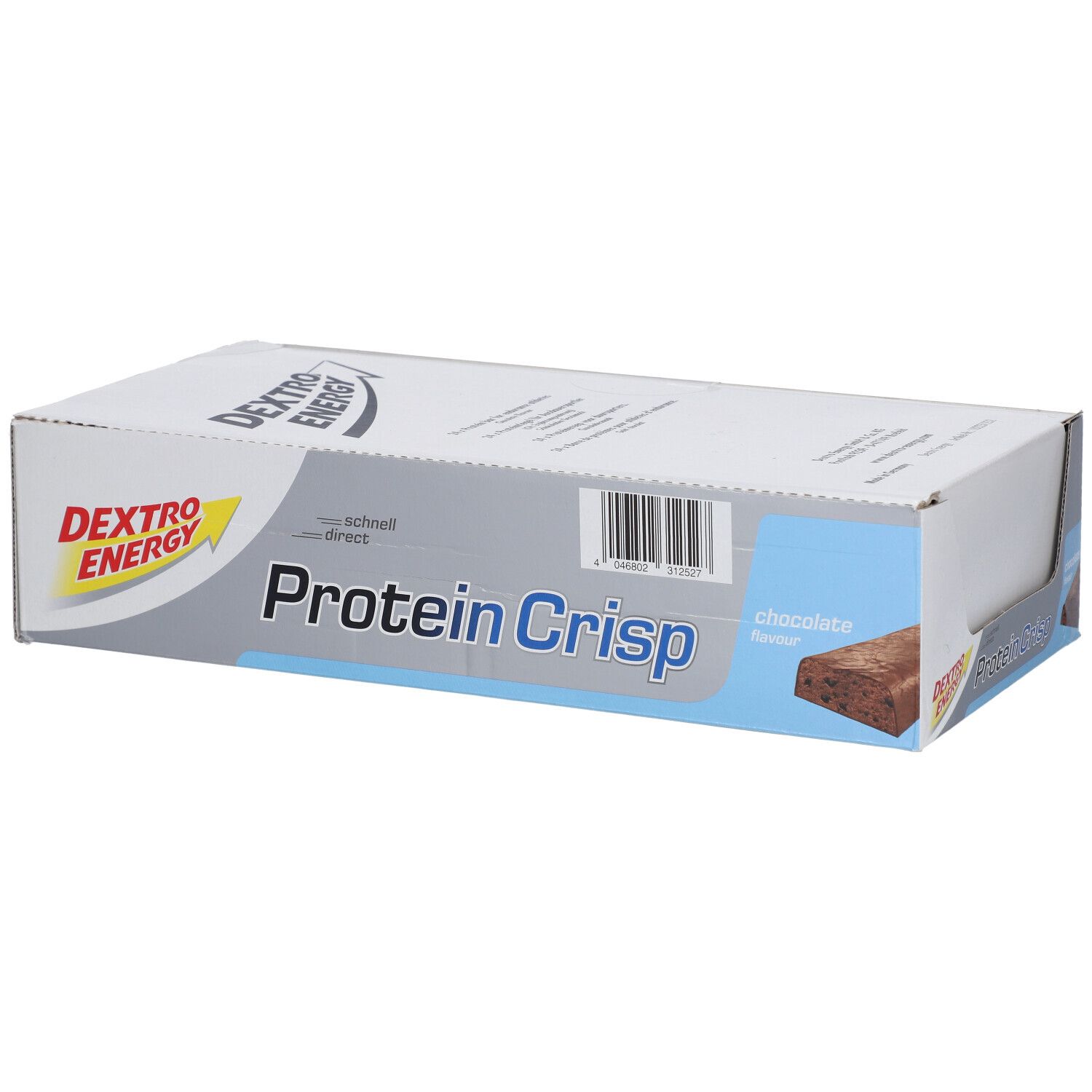 Karton mit Dextro Energy Protein Crisp, Schokolade. Blaue und weiße Verpackung mit Produktnamen und Barcode.