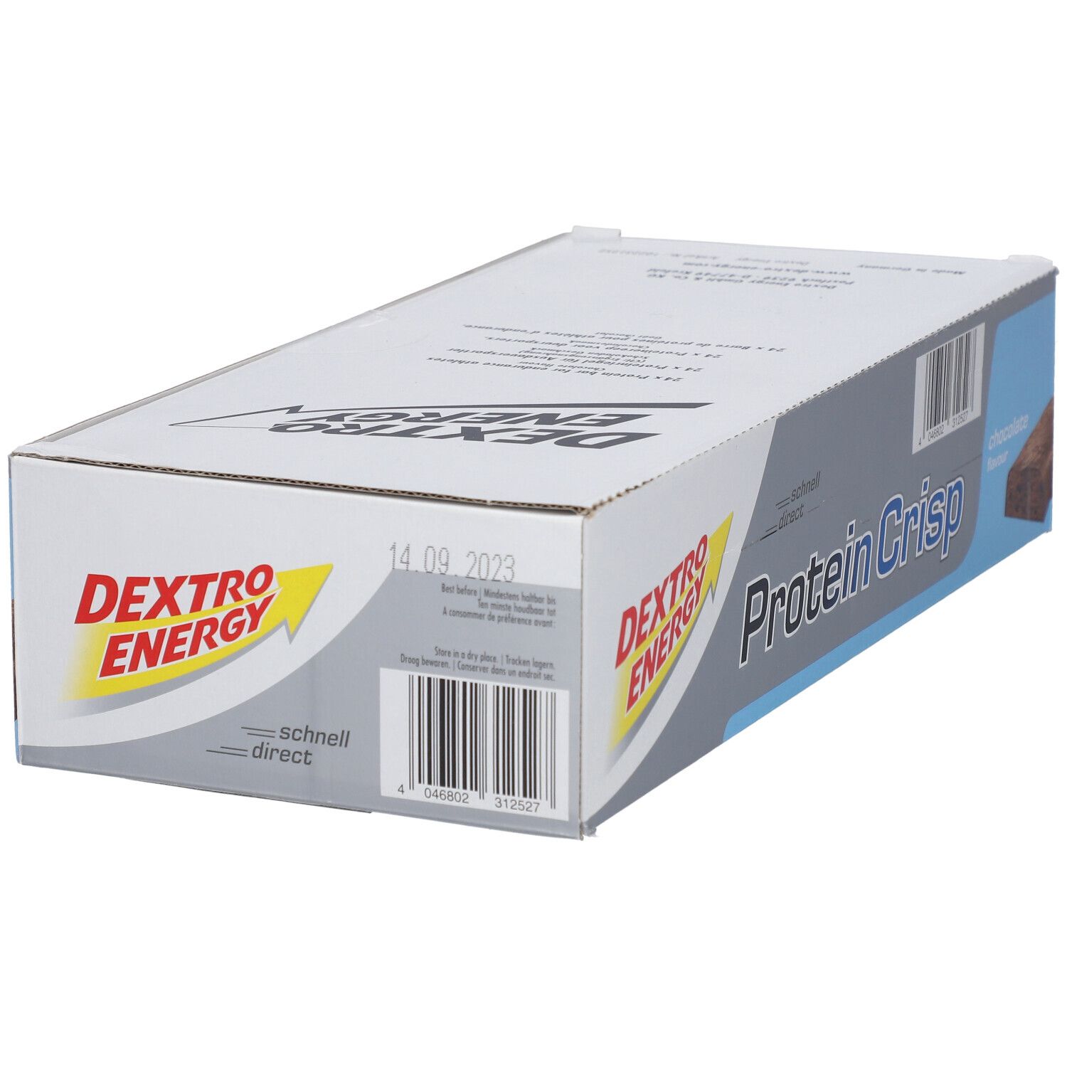 Karton mit Dextro Energy Protein Crisp, Schokolade. Verpackung mit Produktnamen, Barcode und Haltbarkeitsdatum.