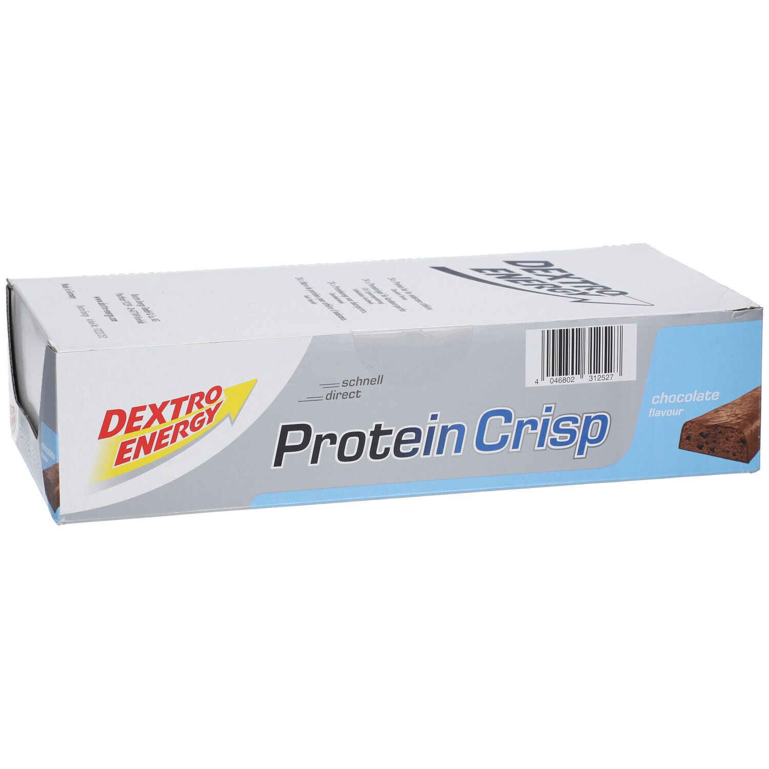 Karton mit Dextro Energy Protein Crisp, Schokolade. Blaue und weiße Verpackung mit Produktnamen und Barcode.