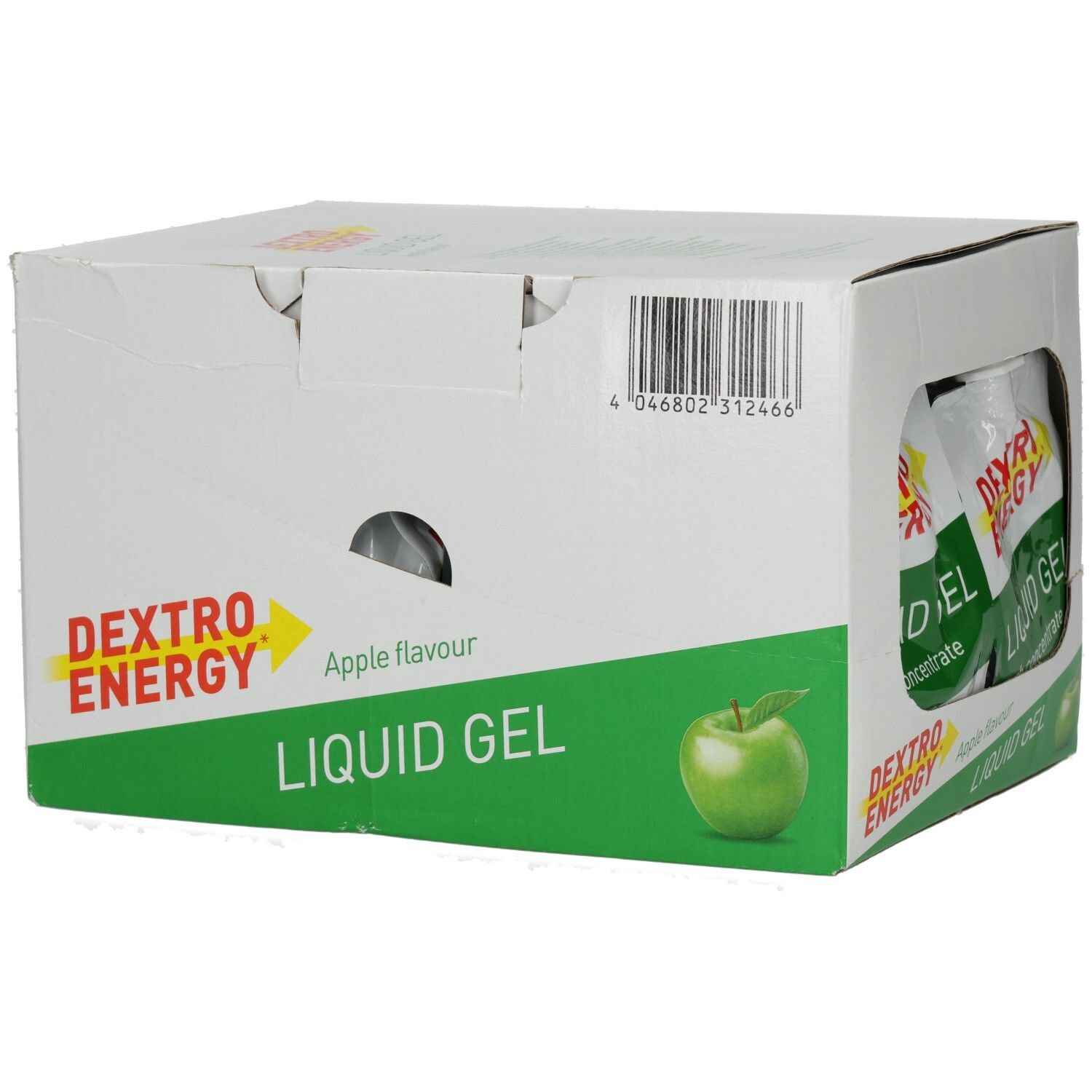 Karton Dextro Energy Liquid Gel Apfel. Weißer Karton mit grünen und roten Akzenten. Apfel-Illustration. Barcode.