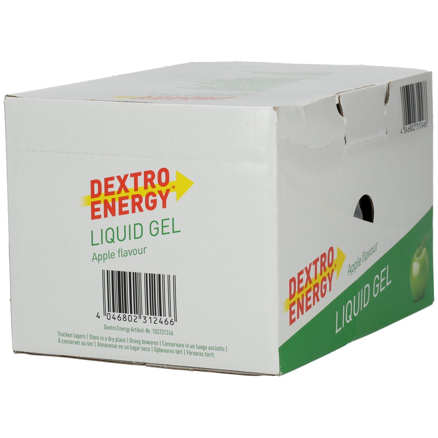 Karton Dextro Energy Liquid Gel Apfel. Weißer Karton mit grünen und roten Akzenten. Apfel-Illustration. Barcode.