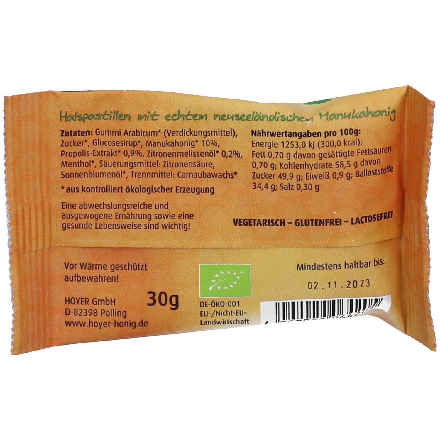 Rückseite der Verpackung. Text: Zutaten, Nährwertangaben, Mindesthaltbarkeit, Hersteller. Bio-Siegel.