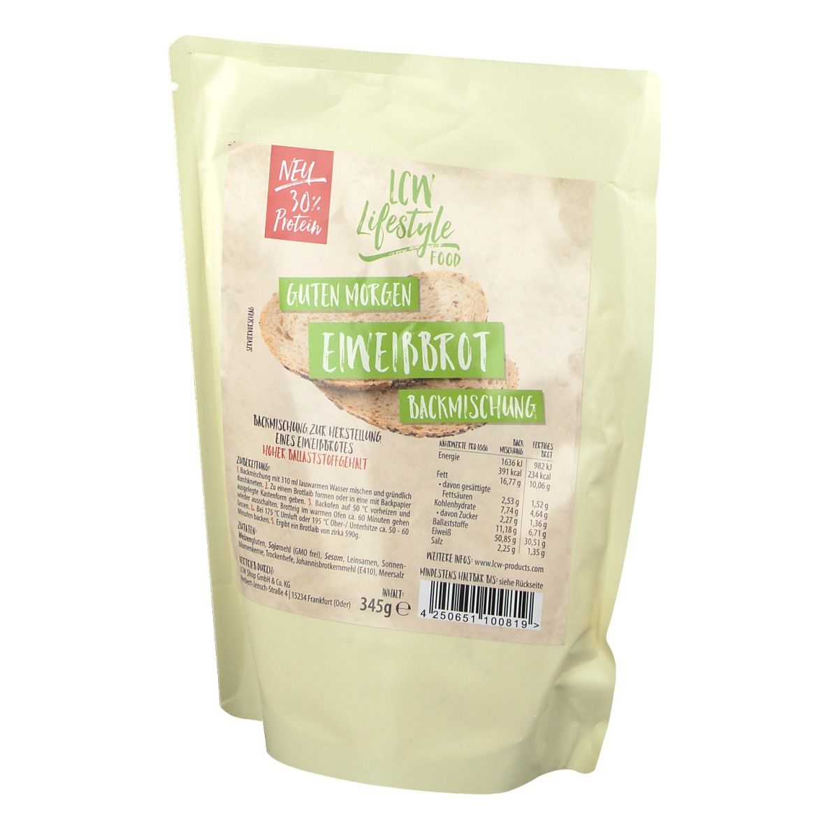 Verpackung von LCW Eiweißbrot Backmischung. Aufdruck: Eiweißbrot, Backmischung, Guten Morgen. 36% Protein. 345g.