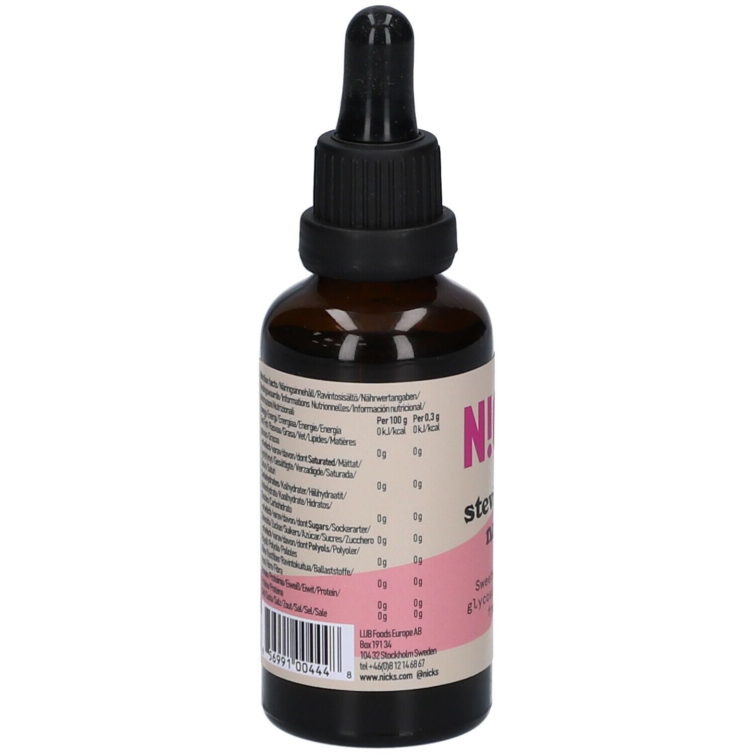 Braune Glasflasche mit schwarzem Deckel und Pipette. Rosa Etikett mit Nährwertangaben. Barcode unten.