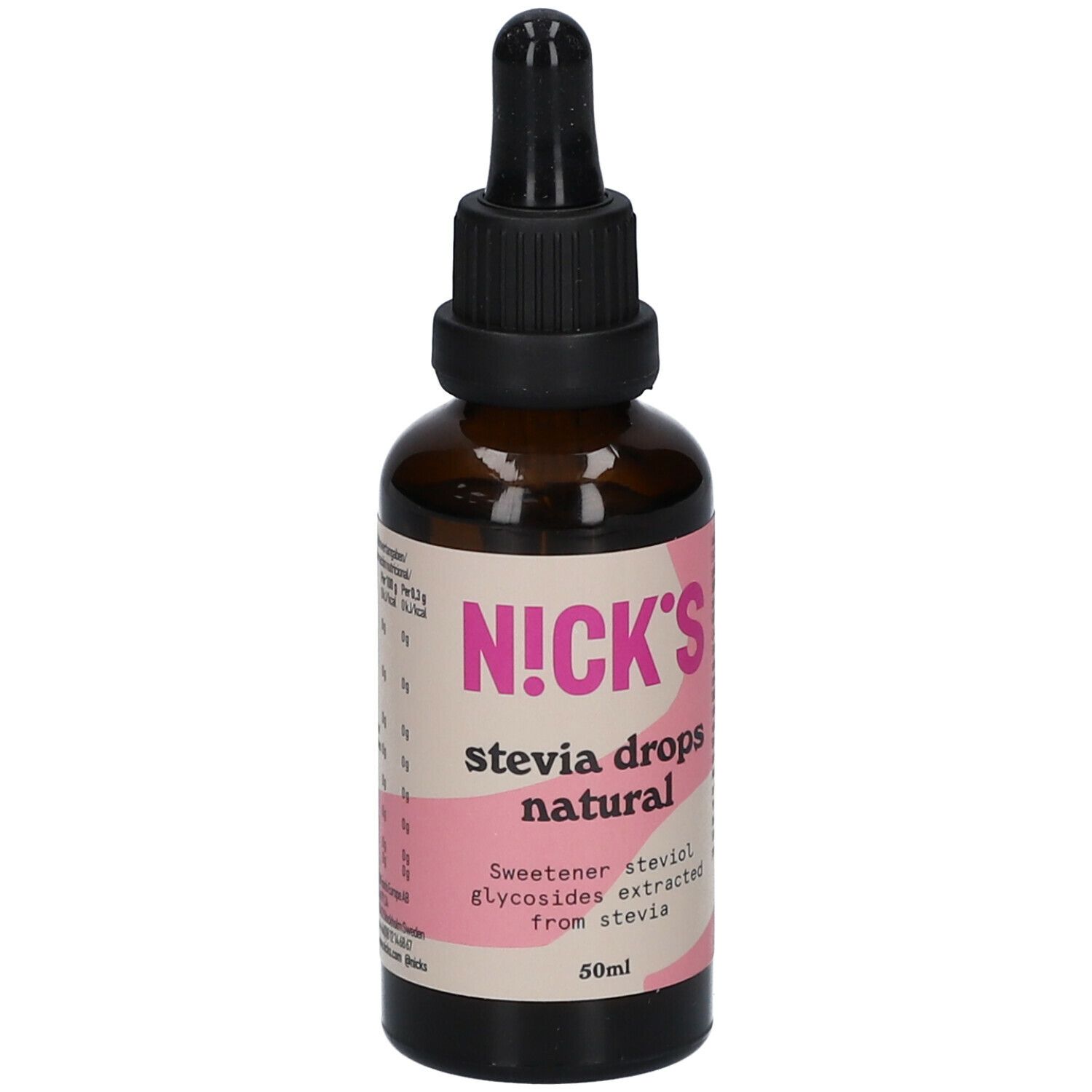 Braune Glasflasche mit schwarzem Deckel und Pipette. Rosa Etikett mit 'N!CK'S Stevia drops natural' und 50ml.
