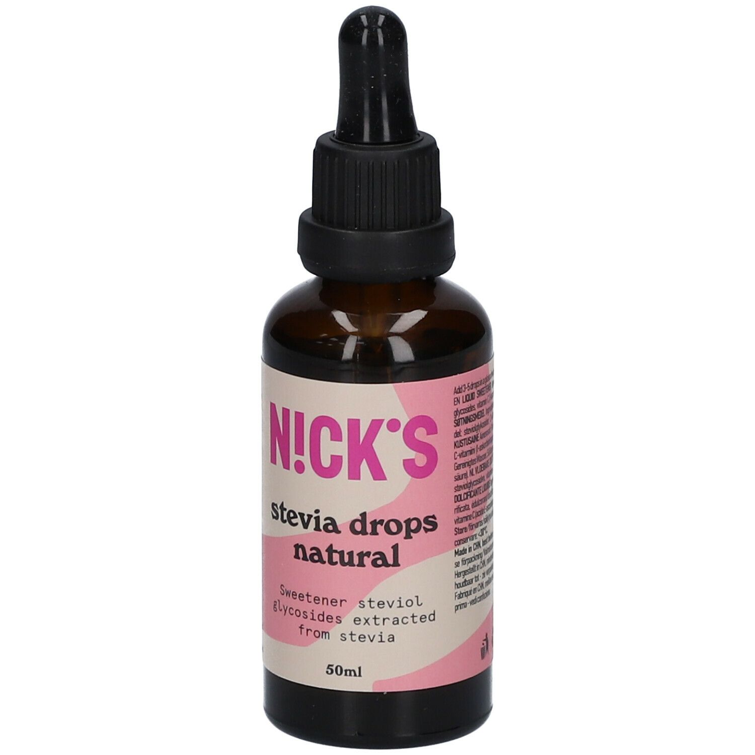 Braune Glasflasche mit schwarzem Deckel und Pipette. Rosa Etikett mit 'N!CK'S Stevia drops natural' und 50ml.