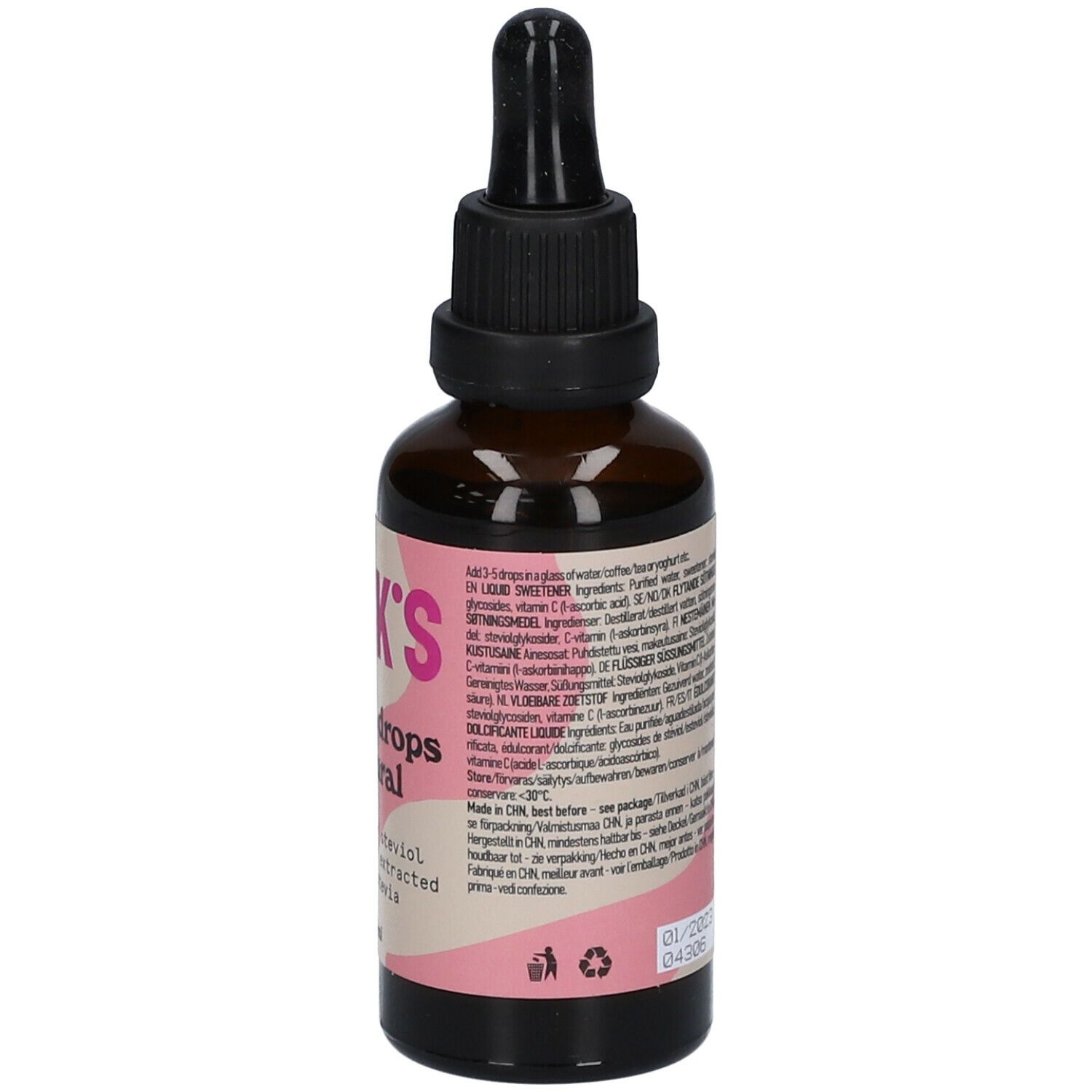 Braune Glasflasche mit schwarzem Deckel und Pipette. Rosa Etikett mit Text, 'N!CK'S Stevia drops natural' und 50ml.