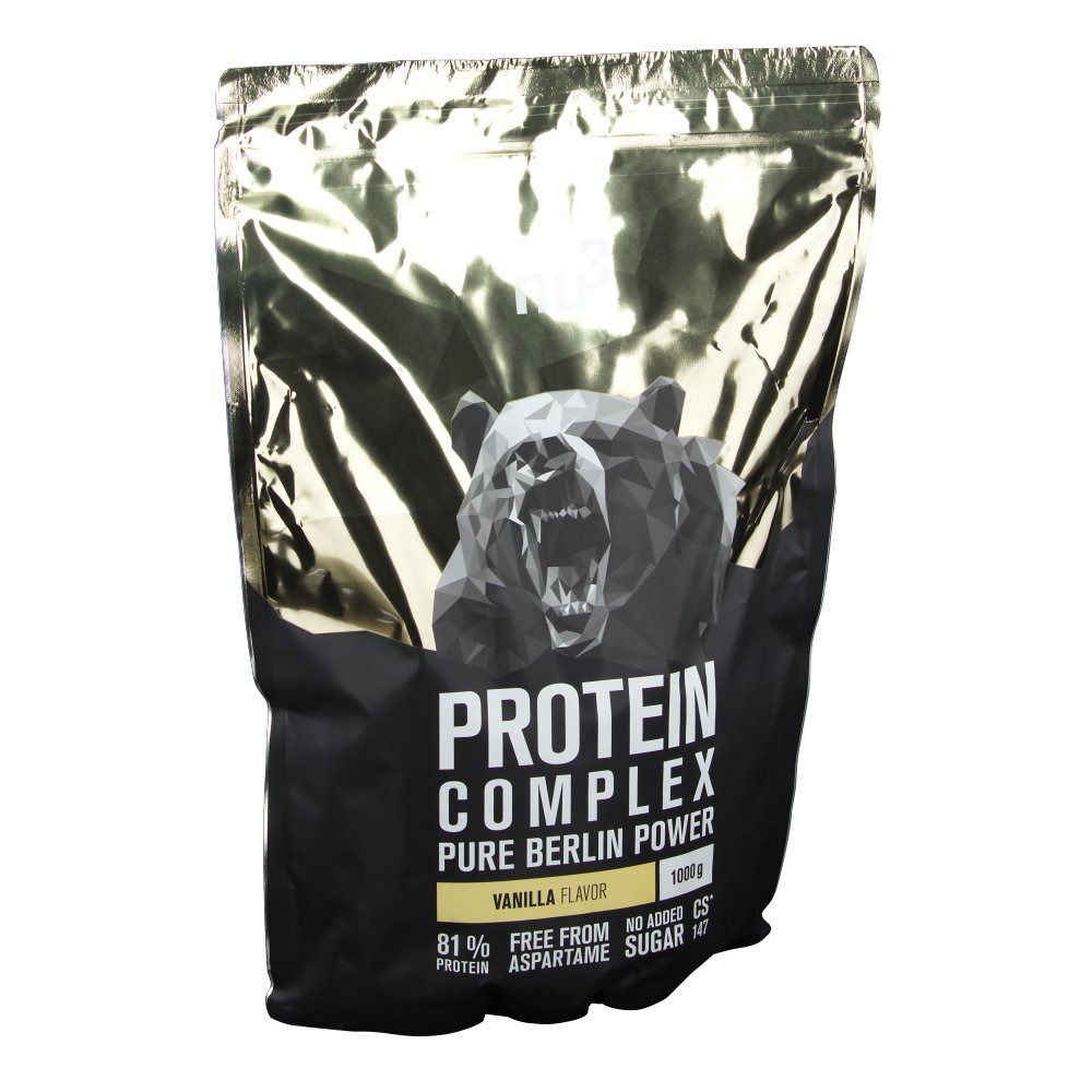 Beutel mit Protein Complex Vanille. Aufdruck: "PROTEIN COMPLEX", "VANILLA FLAVOR", "81% PROTEIN". Goldener Verschluss.