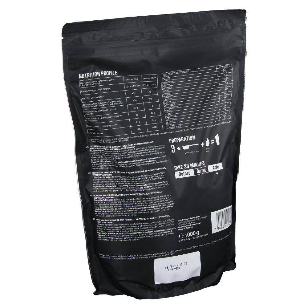 Rückseite des Protein Complex Beutels. Enthält Nährwertangaben und Zubereitungshinweise. Schwarzer Beutel mit weißer Schrift.