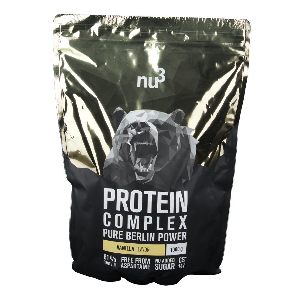 Protein Complex Vanille Beutel. Logo "nu3" oben. Aufdruck: "PROTEIN COMPLEX", "VANILLA FLAVOR", "81% PROTEIN".