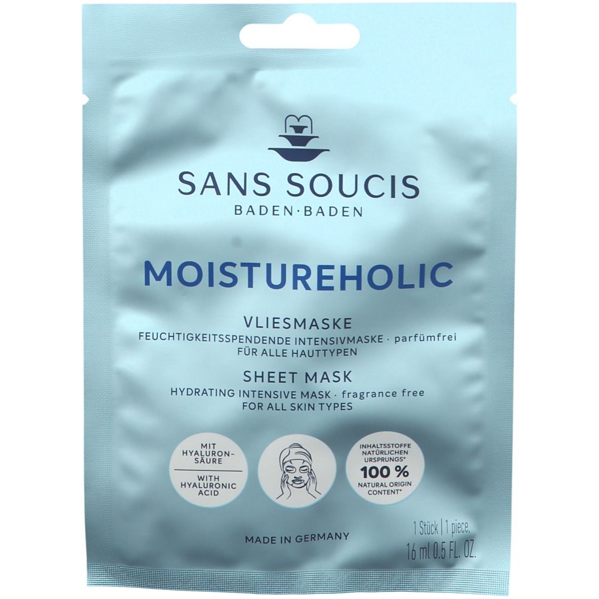 Hellblaue Einzelverpackung der Gesichtsmaske. Schriftzug: SANS SOUCIS, MOISTUREHOLIC, Vliesmaske. Mit Hyaluronsäure. 100% natürlicher Inhalt.