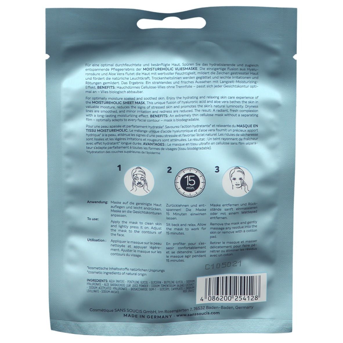 Rückseite der Gesichtsmaskenverpackung. Text in Deutsch, Englisch und Französisch. Anwendungsanleitung mit Piktogrammen. Barcode und Logo.