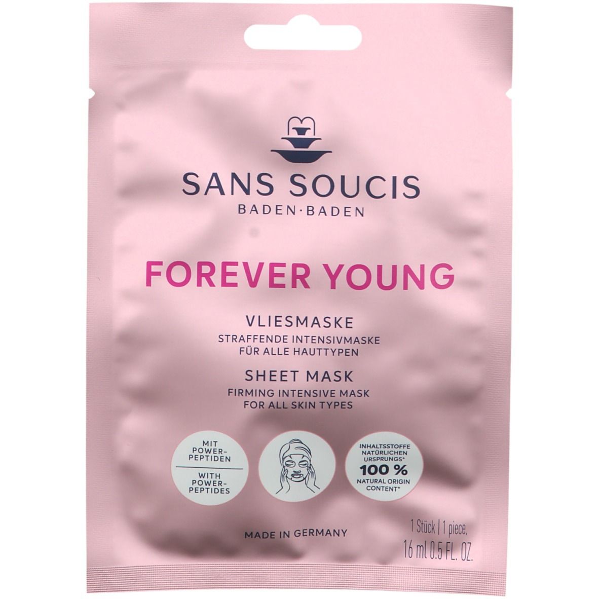 Rosa Einzelverpackung der FOREVERYOUNG Vliesmaske. Marke und Produktname in Weiß und Pink. Text: Sheet Mask, 100% natürlicher Ursprung.