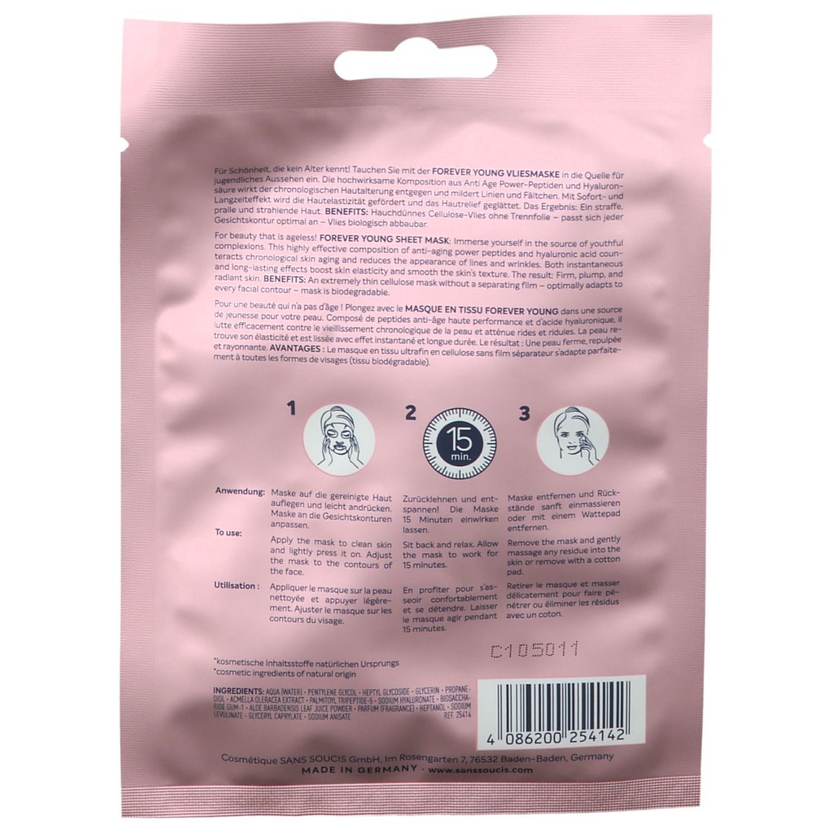 Rückseite der FOREVERYOUNG Vliesmaske. Rosa Verpackung mit Text und Anwendungsanleitung in drei Schritten. Nummerierte Illustrationen.