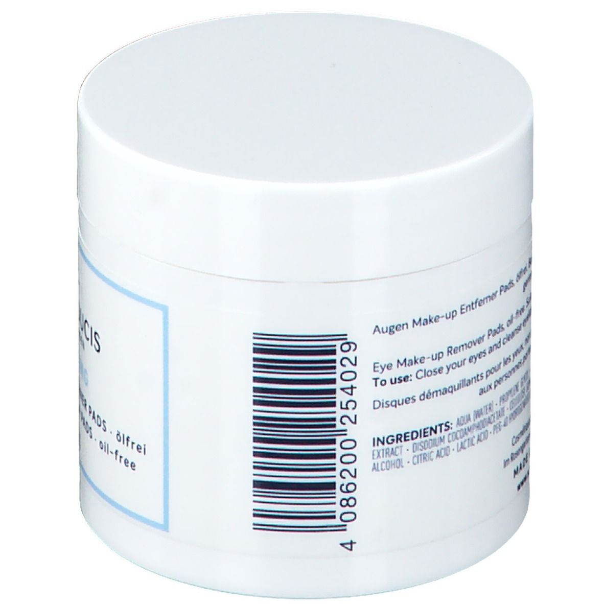 Weißer Tiegel mit Barcode und Text. Aufschrift: Augen Make-up Entferner Pads, ölfrei. Inhaltsstoffe. Hergestellt in Deutschland.