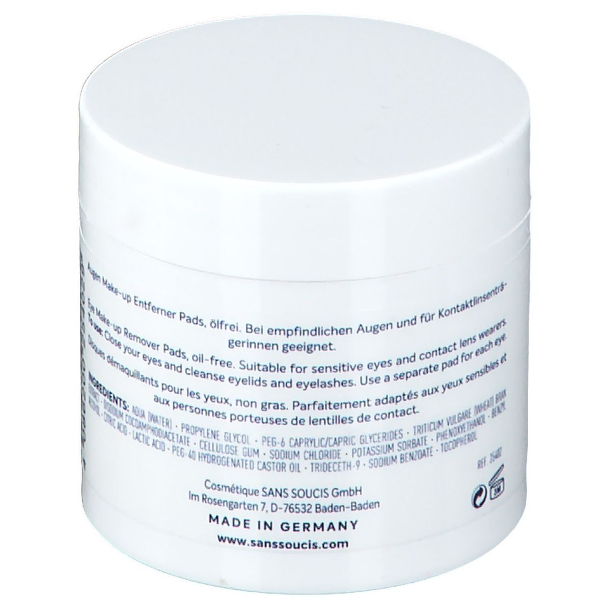 Weißer Tiegel mit Text. Aufschrift: Augen Make-up Entferner Pads, ölfrei. Geeignet für empfindliche Augen und Kontaktlinsenträger. Inhaltsstoffe.