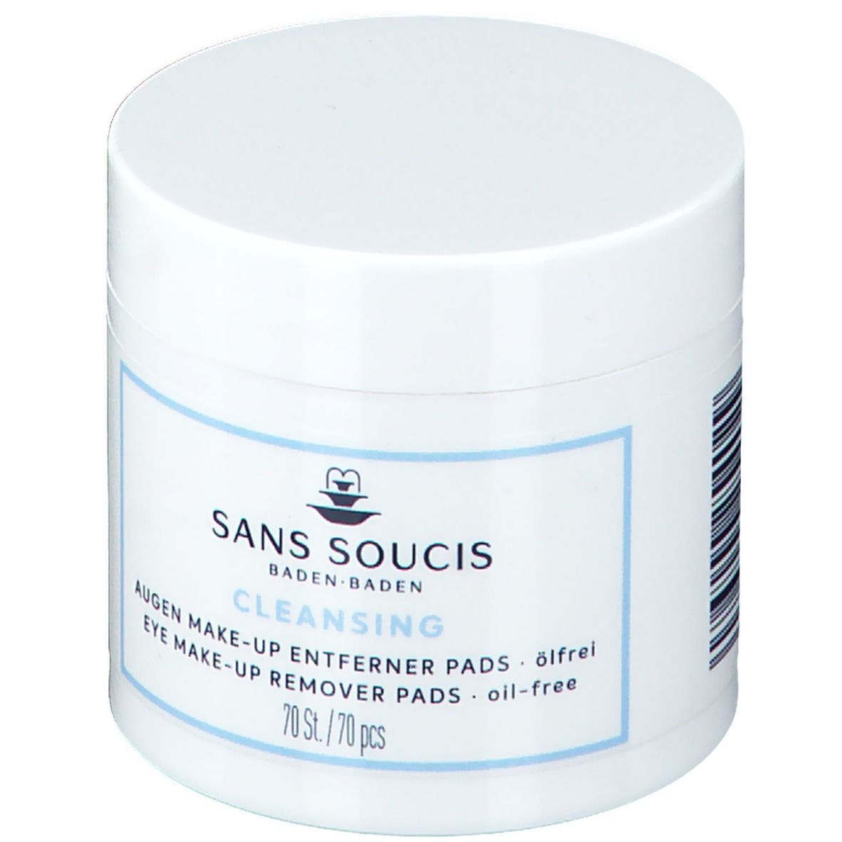 Weißer Tiegel mit blauem Etikett. Aufschrift: SANS SOUCIS, CLEANSING, Augen Make-up Entferner Pads, ölfrei. 70 Stück.
