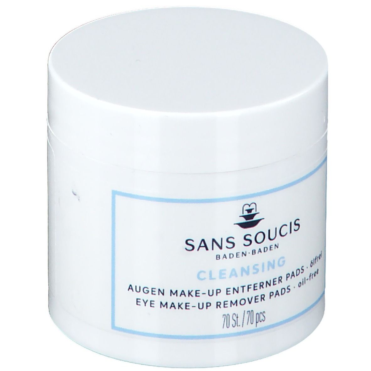 Weißer Tiegel mit blauem Etikett. Aufschrift: SANS SOUCIS, CLEANSING, Augen Make-up Entferner Pads, ölfrei. 70 Stück.