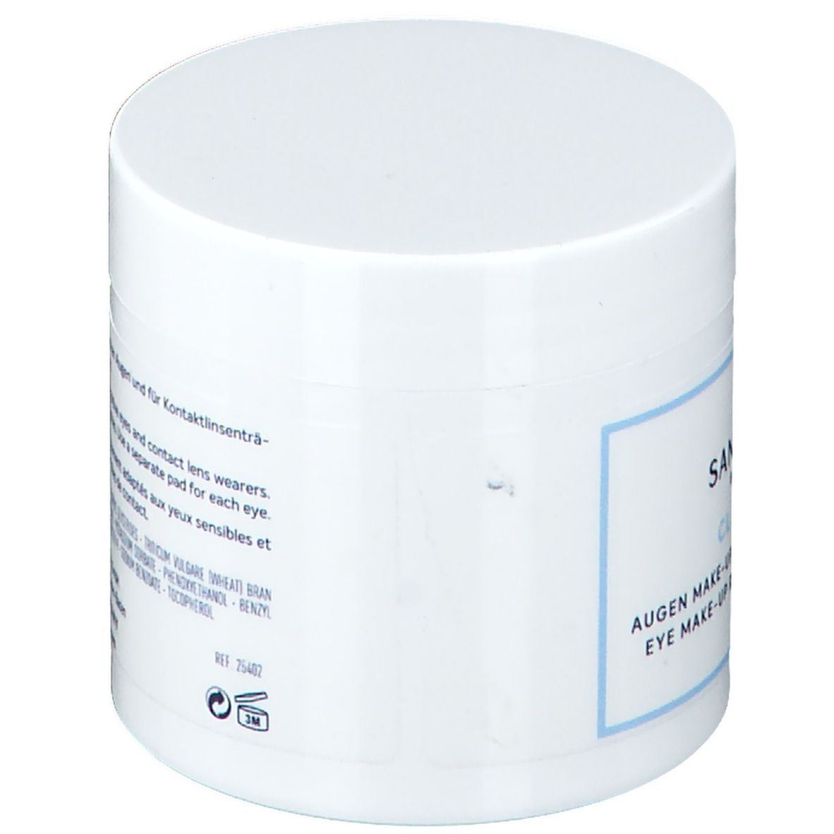 Weißer Tiegel mit Text. Aufschrift: Augen Make-up Entferner Pads, ölfrei. Geeignet für Kontaktlinsenträger. Ref. 25402. 3M-Symbol.