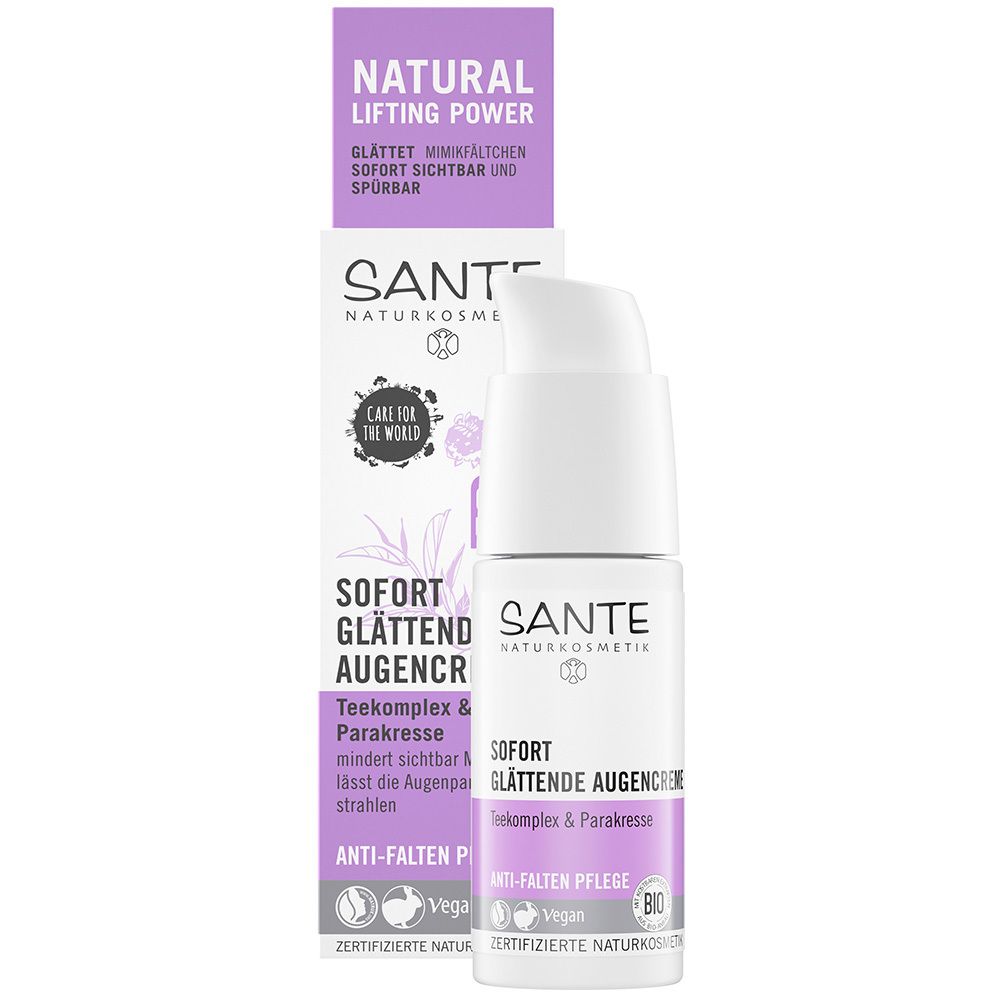 Augencreme mit Verpackung. Marke SANTE Naturkosmetik. Text: Sofort glättende Augencreme. Vegan. Bio-Zertifizierung.