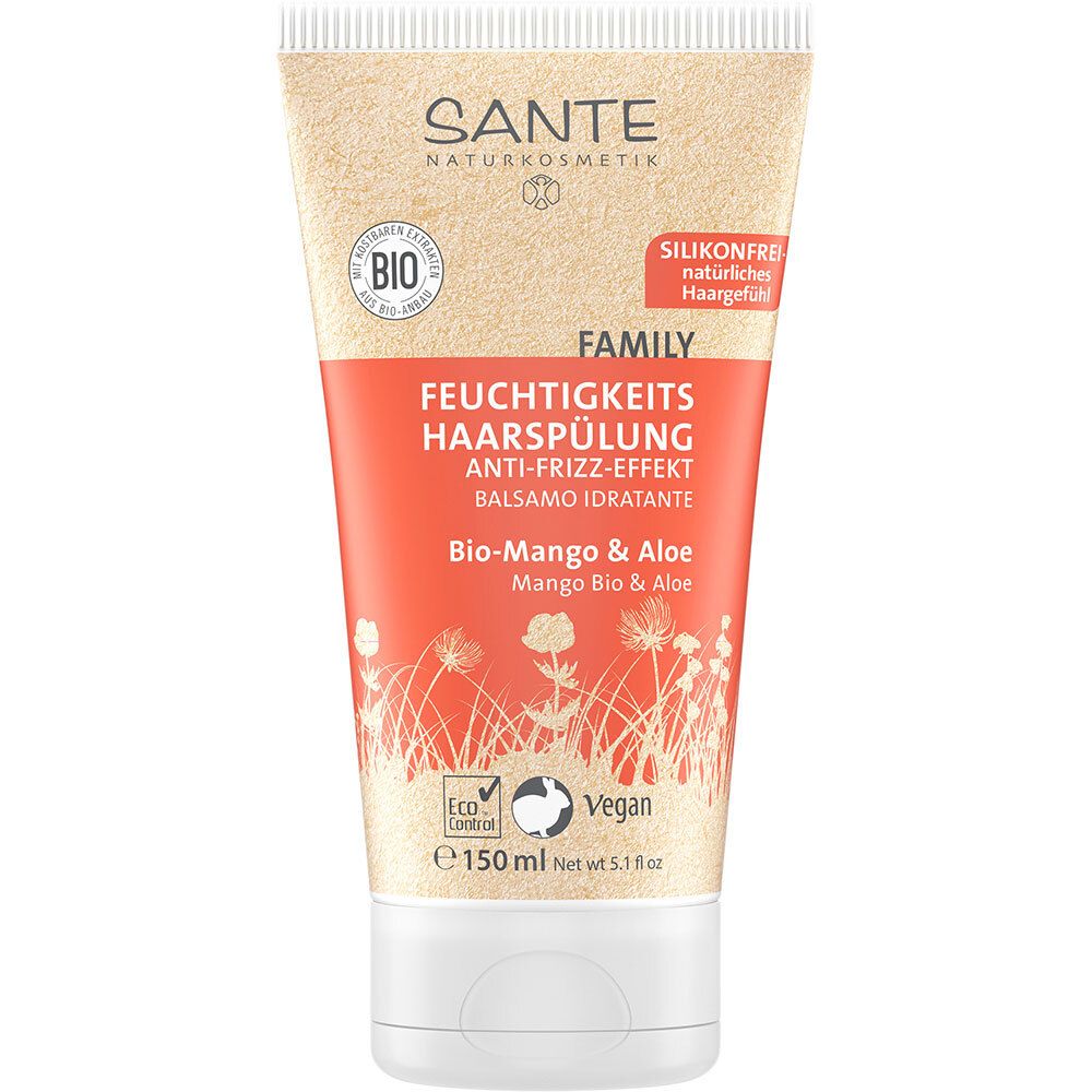 Beige Tube mit rotem Etikett. Text: SANTE, Feuchtigkeit Haarspülung, Bio-Mango & Aloe. Vegan, Bio-Siegel.