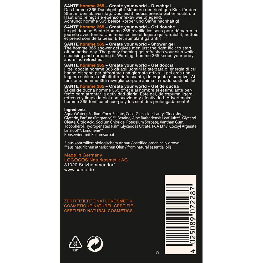 SANTE Naturkosmetik Homme 365 Body & Hair Shower Gel