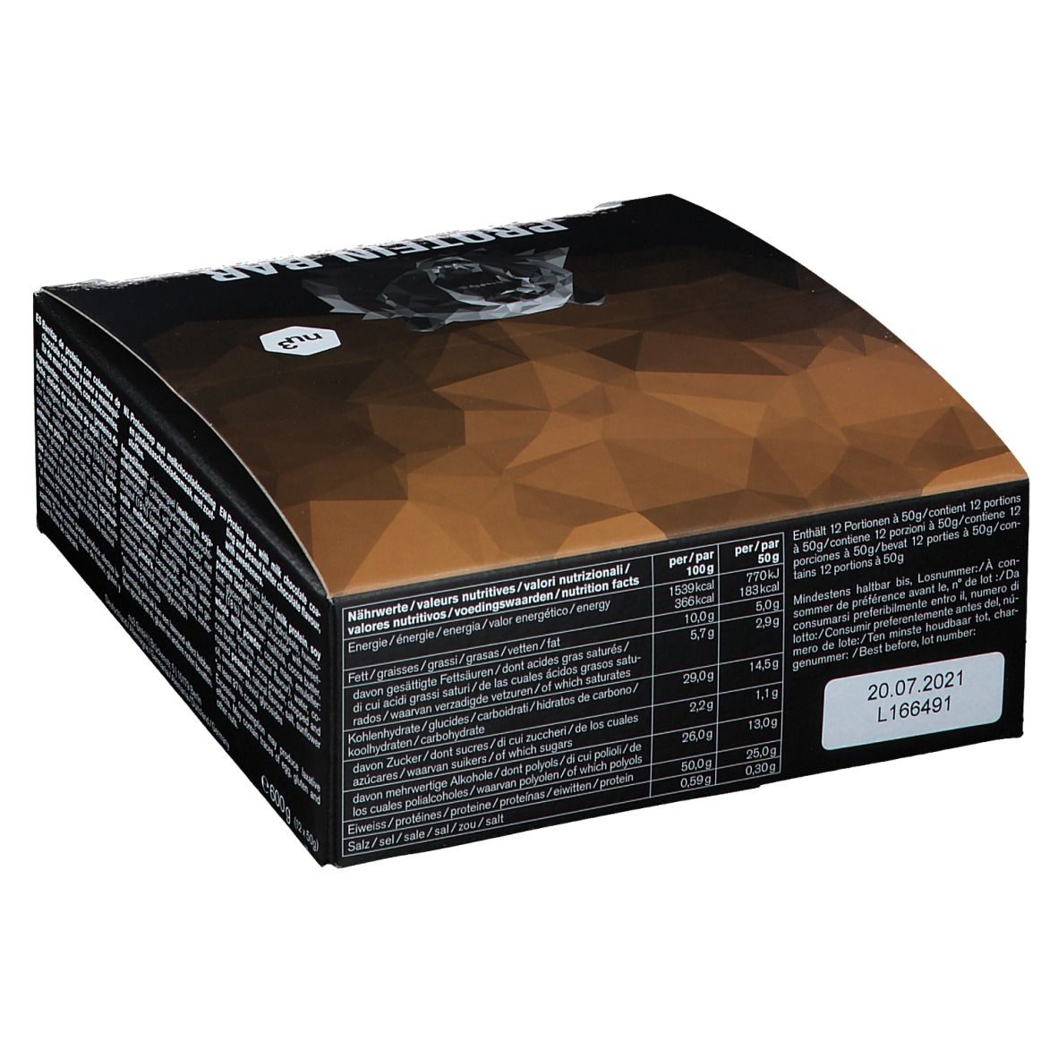 Verpackung mit Nährwertangaben. Enthält Informationen pro Portion. Marke: nu3. Aufdruck: "PROTEIN BAR".