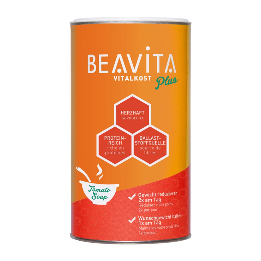 Zylindrische Dose BEAVITA Vitalkost Plus Tomatensuppe. Orange-weißes Etikett mit Produktinformationen und Logo. Enthält Protein und Ballaststoffe.