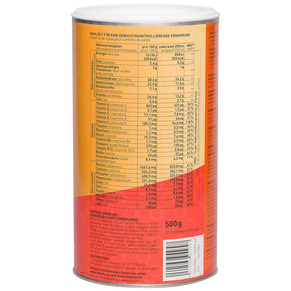 Rückseite der Dose BEAVITA Vitalkost Plus Tomatensuppe. Enthält Nährwertangaben, Zutatenliste und Zubereitungshinweise in mehreren Sprachen.