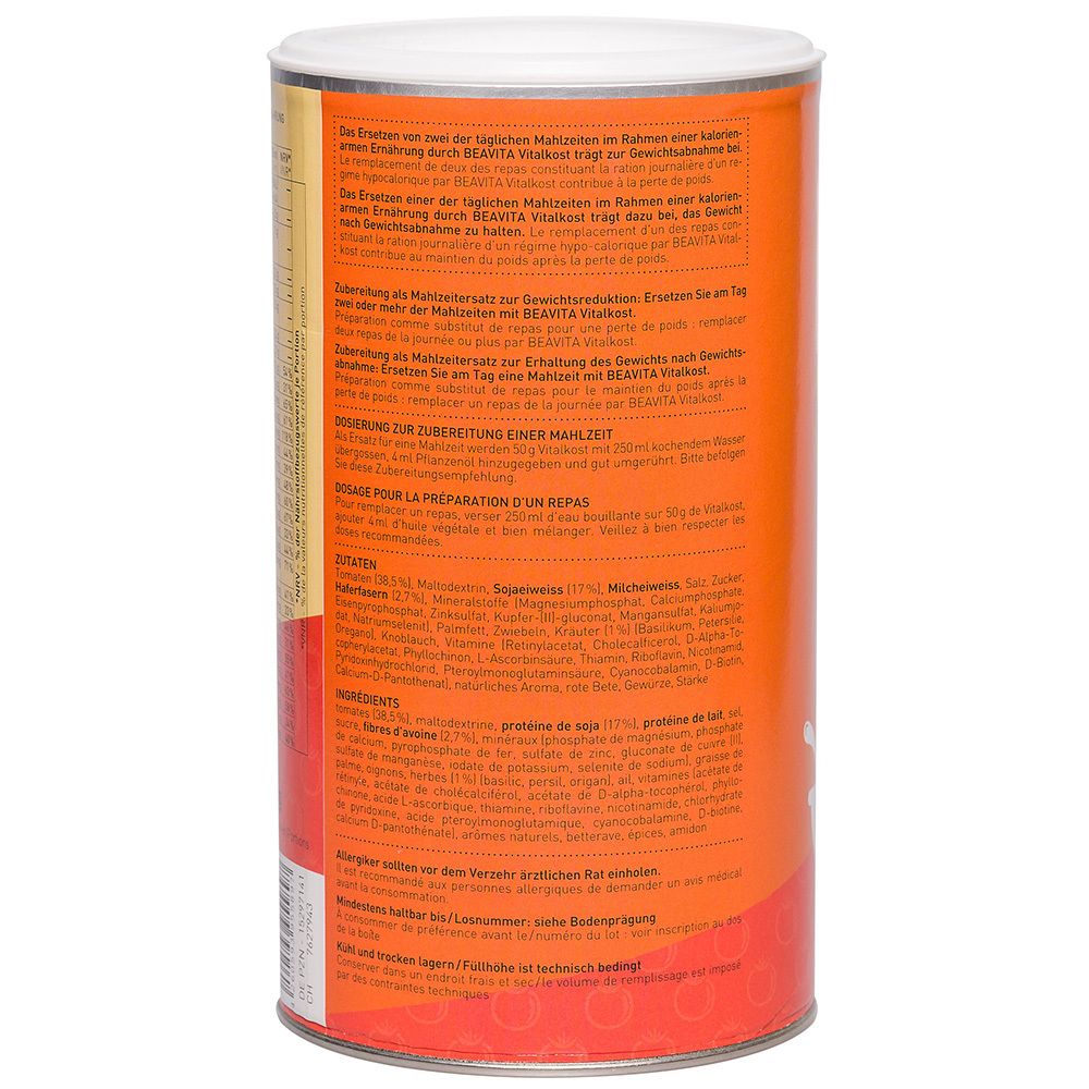 Rückseite der Dose BEAVITA Vitalkost Plus Tomatensuppe. Enthält Zubereitungshinweise und Inhaltsstoffe. Text in mehreren Sprachen.