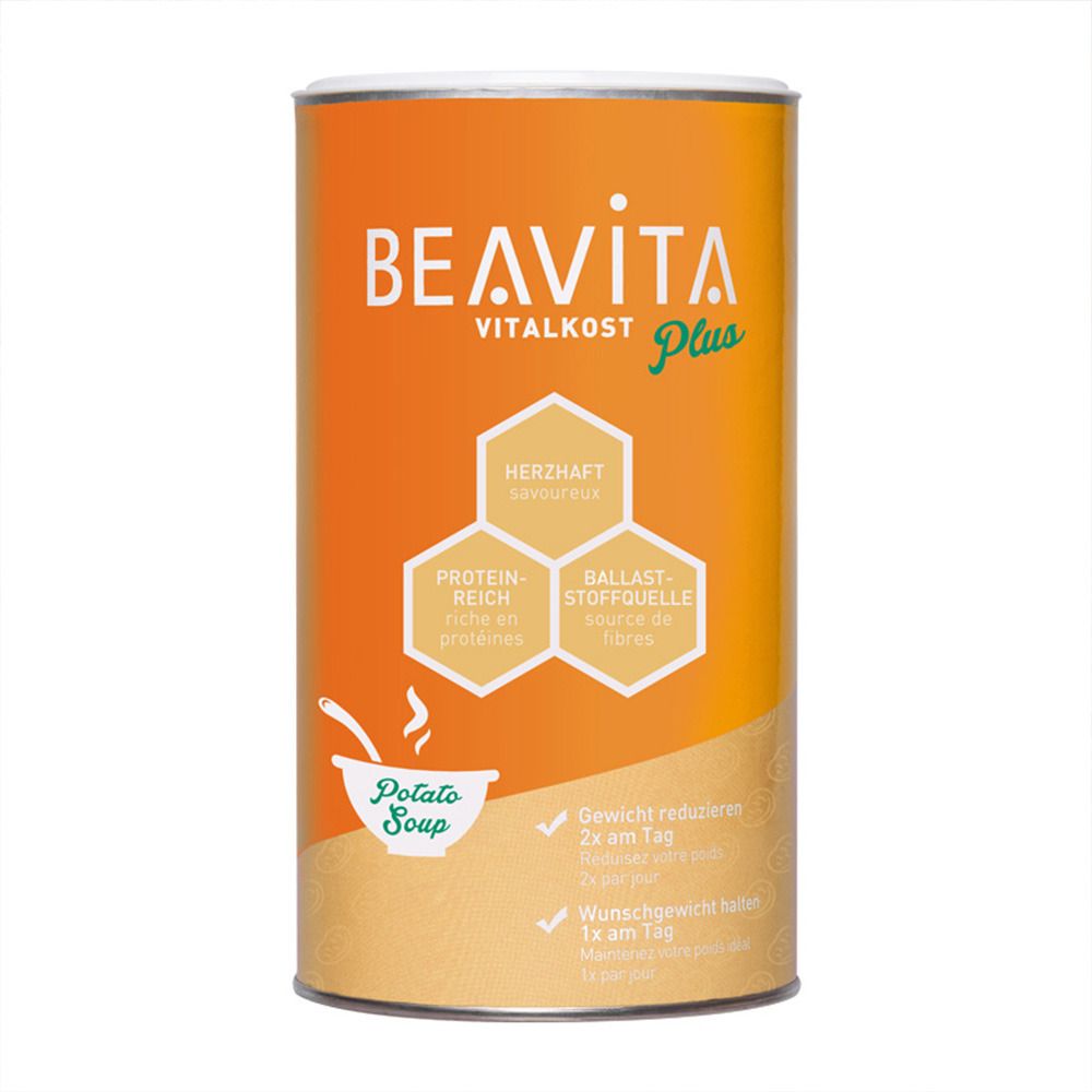 Zylindrische Dose mit BEAVITA Vitalkost Plus Kartoffelsuppe. Orangefarbener Hintergrund, weiße Schrift. Enthält Protein, Ballaststoffe.