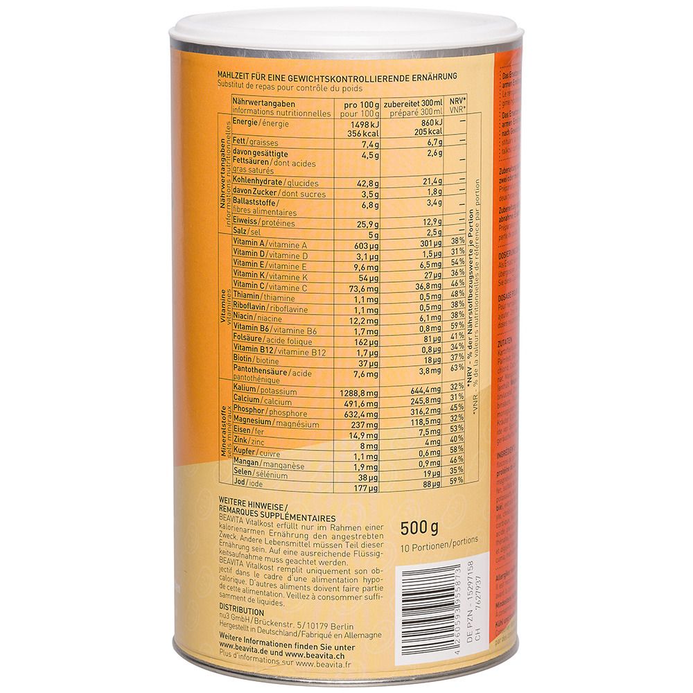 Rückseite der Dose BEAVITA Vitalkost Plus Kartoffelsuppe. Nährwertangaben, Zutatenliste, Zubereitungshinweise.
