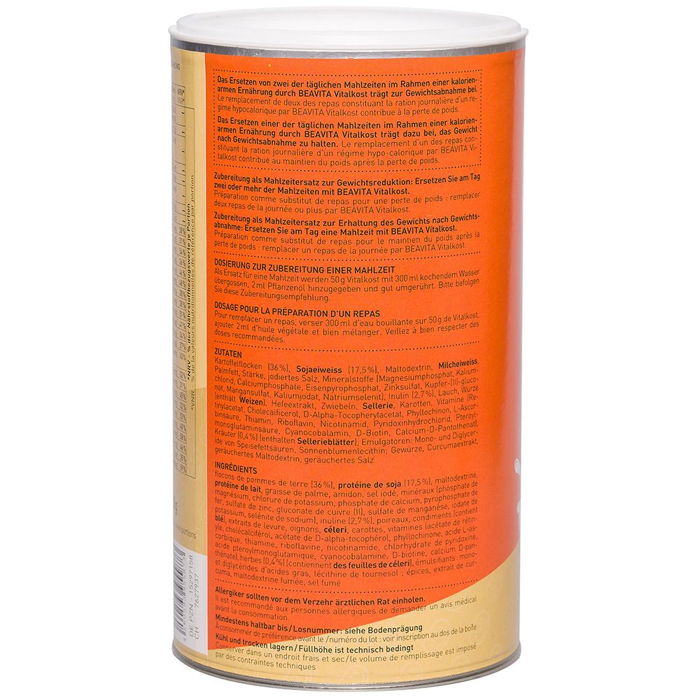 Rückseite der Dose BEAVITA Vitalkost Plus Kartoffelsuppe. Text in mehreren Sprachen: Zubereitung, Zutaten, Nährwerte.