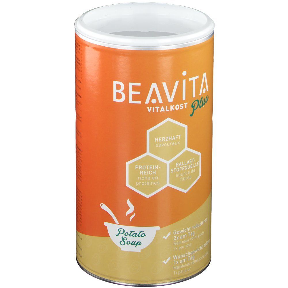 Zylindrische Dose BEAVITA Vitalkost Plus Kartoffelsuppe. Orangefarbener Hintergrund, weiße Schrift. Produktabbildung.