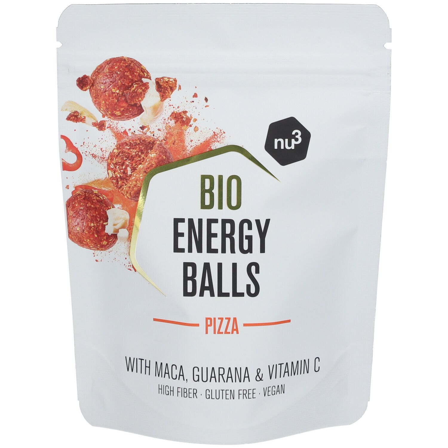 Weiße Verpackung mit nu3 Logo und Aufschrift BIO ENERGY BALLS PIZZA. Enthält Maca, Guarana und Vitamin C. Glutenfrei, vegan.