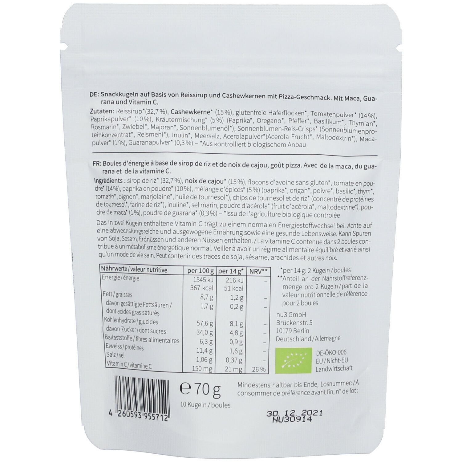 Rückseite der Verpackung mit Zutatenliste, Nährwertangaben und EU-Bio-Siegel. Enthält 70g und 10 Kugeln. Mindestens haltbar bis 30.12.2021.