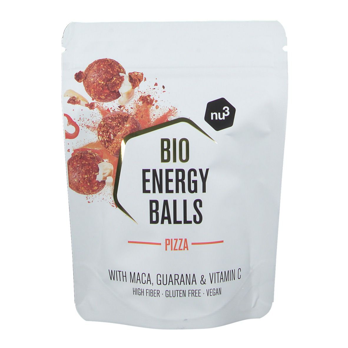 Weiße Verpackung mit nu3 Logo und Aufschrift BIO ENERGY BALLS PIZZA. Enthält Maca, Guarana und Vitamin C. Glutenfrei, vegan.