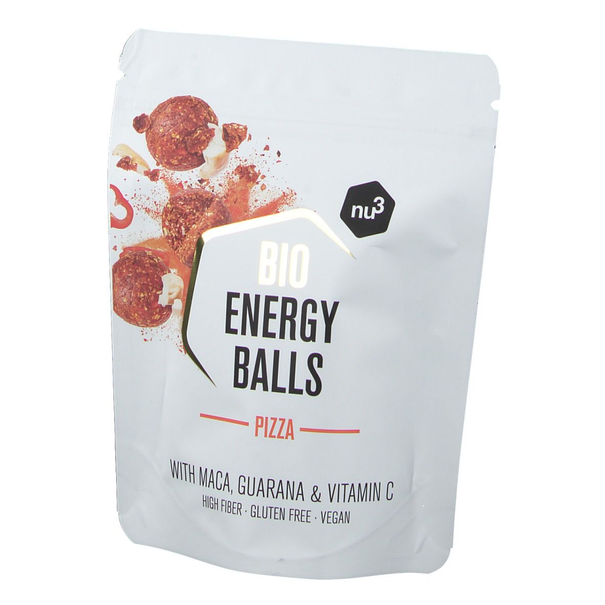 Weiße Verpackung mit nu3 Logo und Aufschrift BIO ENERGY BALLS PIZZA. Enthält Maca, Guarana und Vitamin C. Glutenfrei, vegan.