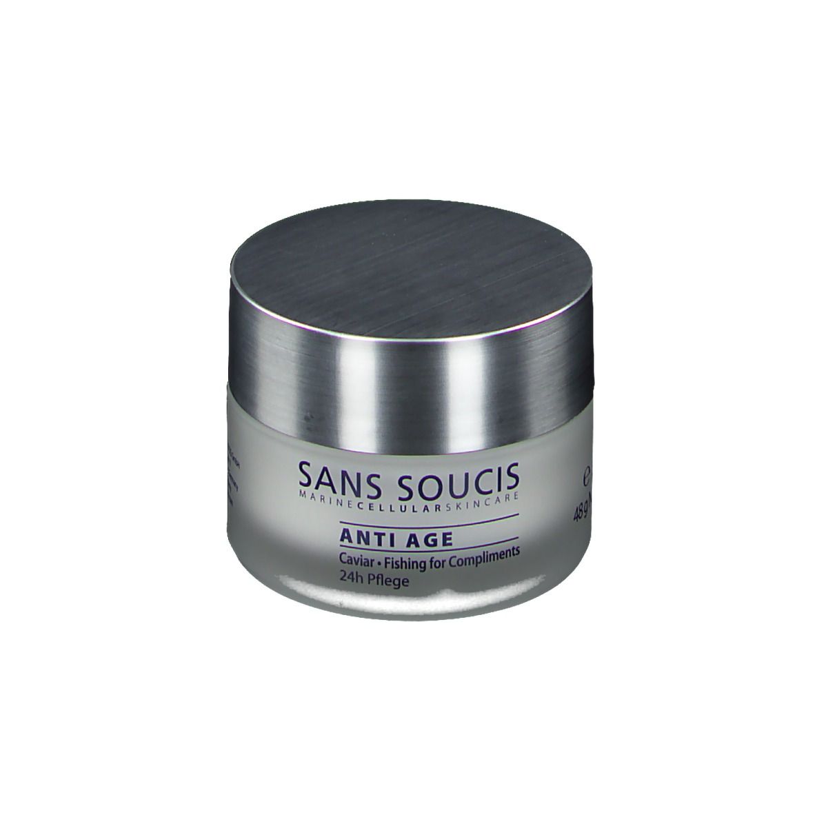 Creme-Tiegel mit silbernem Deckel. Aufschrift: SANS SOUCIS, ANTI AGE, Caviar, 24h Pflege.