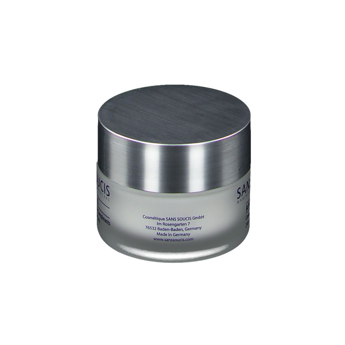 Creme-Tiegel mit silbernem Deckel. Aufschrift: SANS SOUCIS. Herstellerangaben auf der Rückseite.