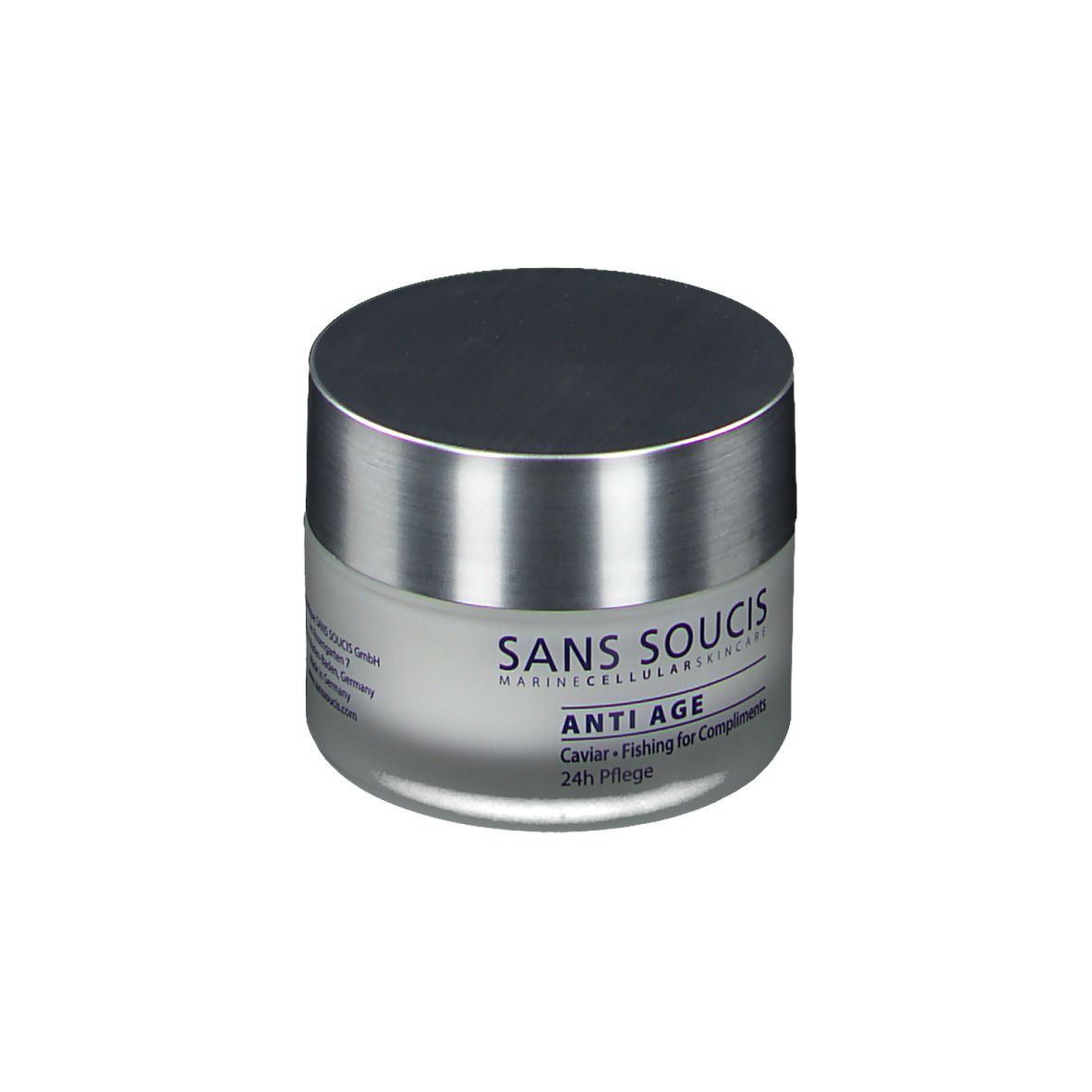 Creme-Tiegel mit silbernem Deckel. Aufschrift: SANS SOUCIS, ANTI AGE, Caviar, 24h Pflege.