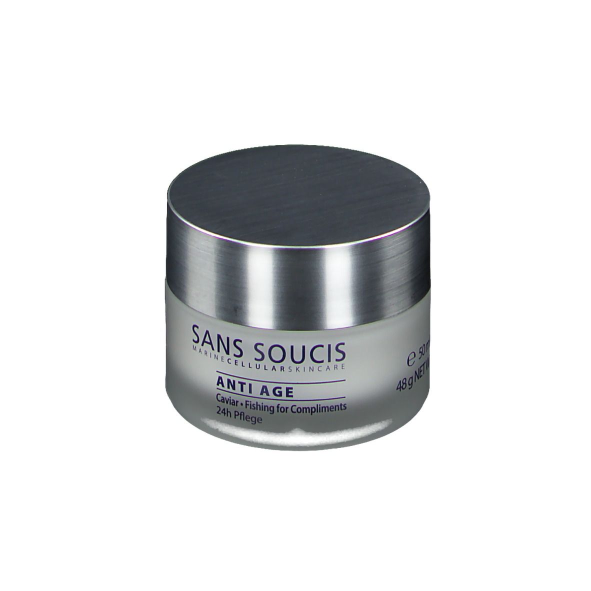 Creme-Tiegel mit silbernem Deckel. Aufschrift: SANS SOUCIS, ANTI AGE, Caviar, 24h Pflege. Volumenangabe.