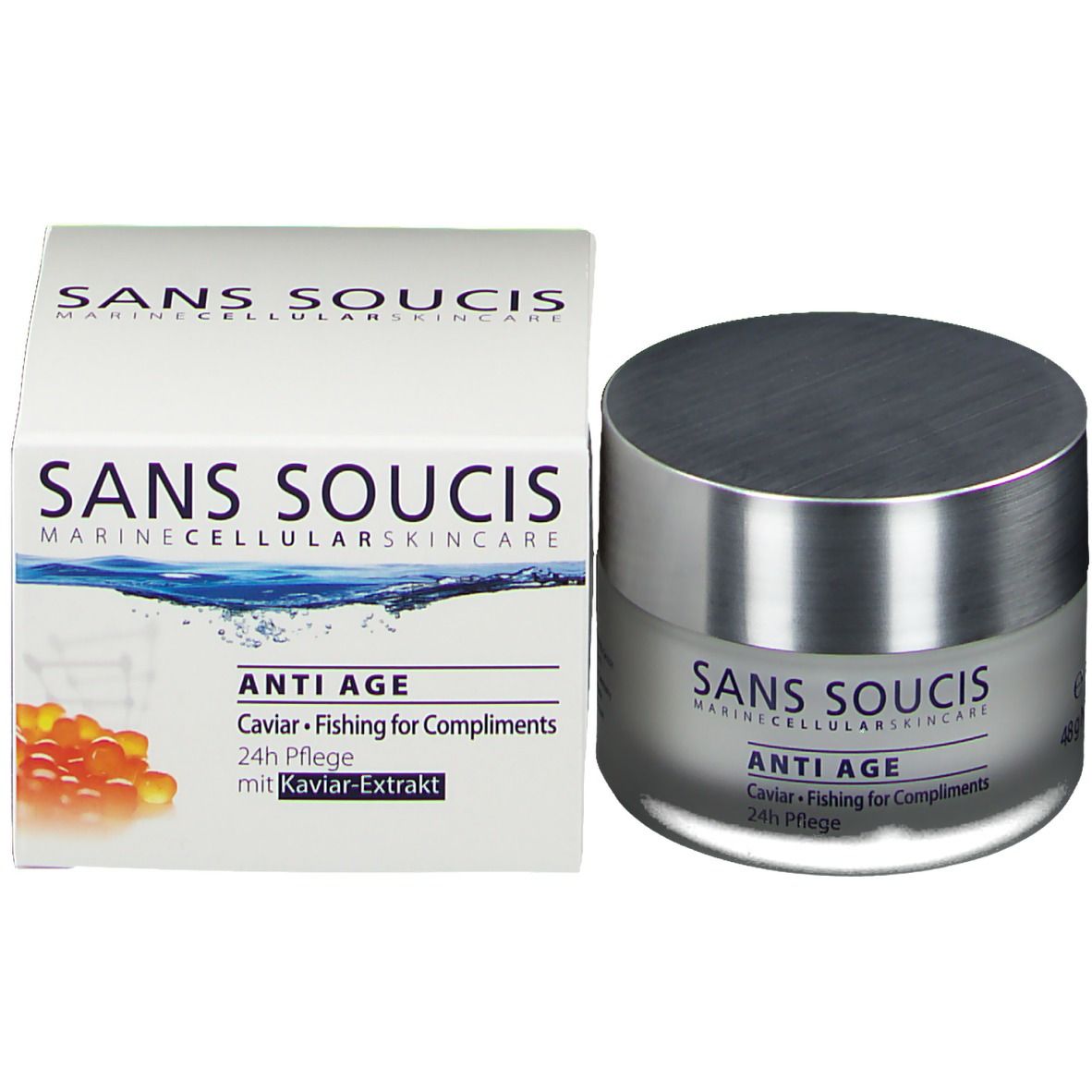 Creme-Tiegel und Karton. Aufschrift: SANS SOUCIS, ANTI AGE, Caviar, 24h Pflege. Mit Kaviar-Extrakt.